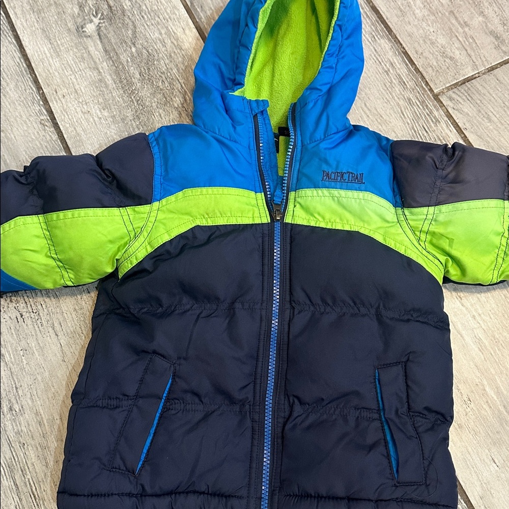 Pacific Trail Navy and Lime Fleece Lined Hooded Winter Jacket 3T